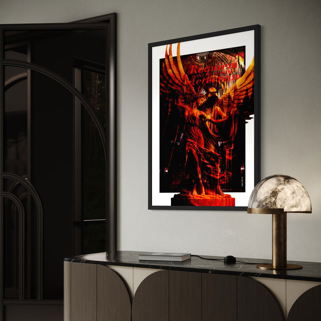 Wings of Fire Wall Art Print featuring a luminous angel in fiery hues in a modern interior setting.
