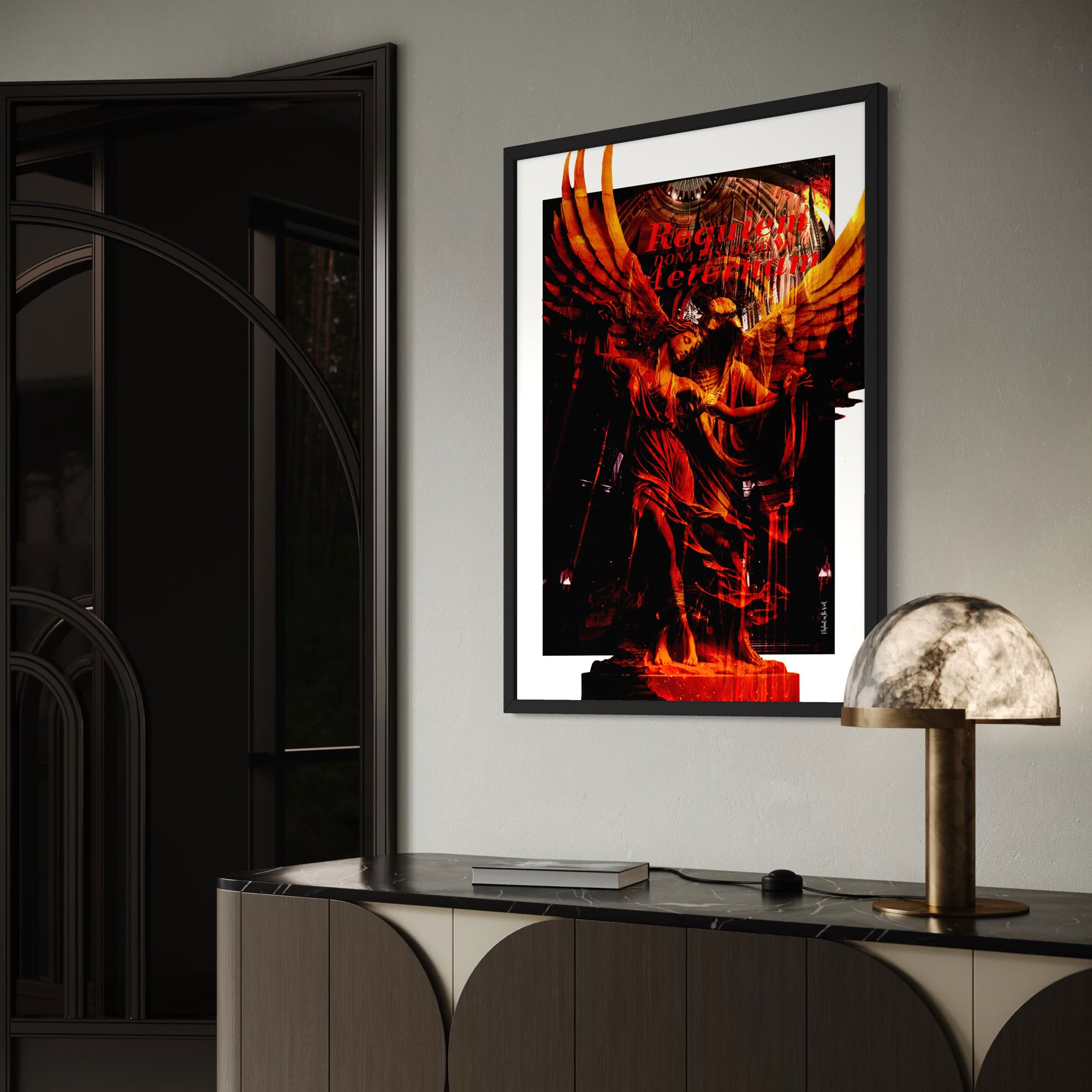 Wings of Fire Wall Art Print featuring a luminous angel in fiery hues in a modern interior setting.