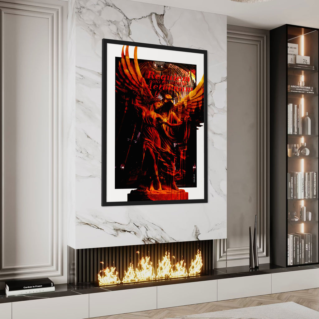 Wings of Fire Wall Art Print depicting a luminous angel in fiery hues on a stylish wall with fireplace.