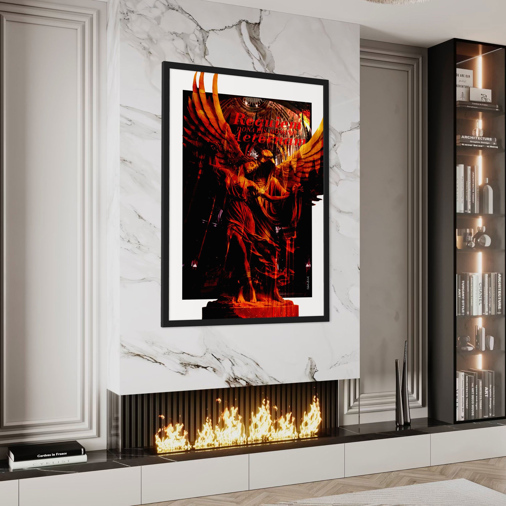 Wings of Fire Wall Art Print depicting a luminous angel in fiery hues on a stylish wall with fireplace.