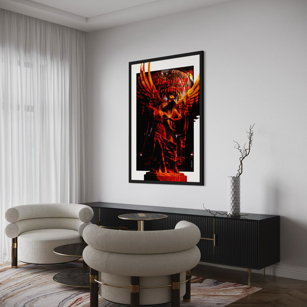Wings of Fire Wall Art Print featuring a luminous angel in fiery hues in a modern living room setting.