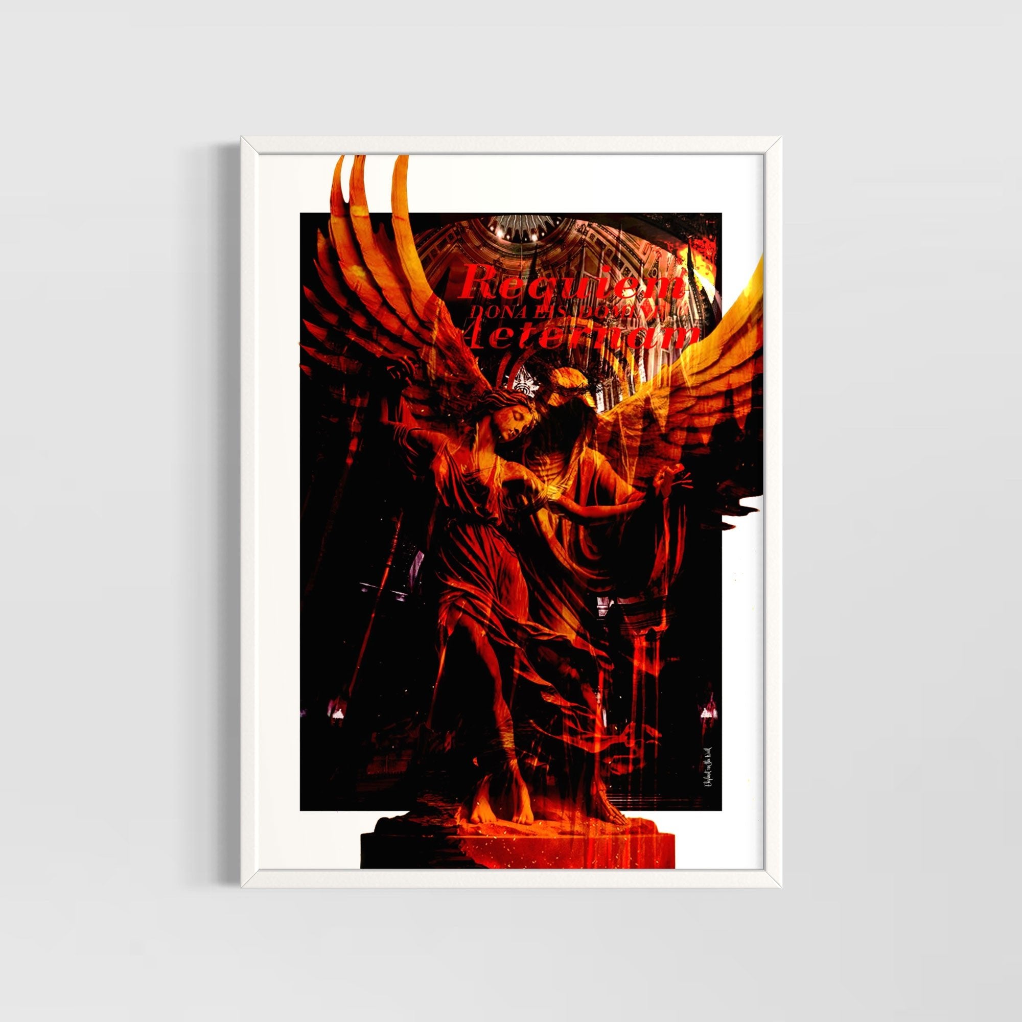 Wings of Fire Wall Art Print featuring an angel with fiery hues and a striking design.