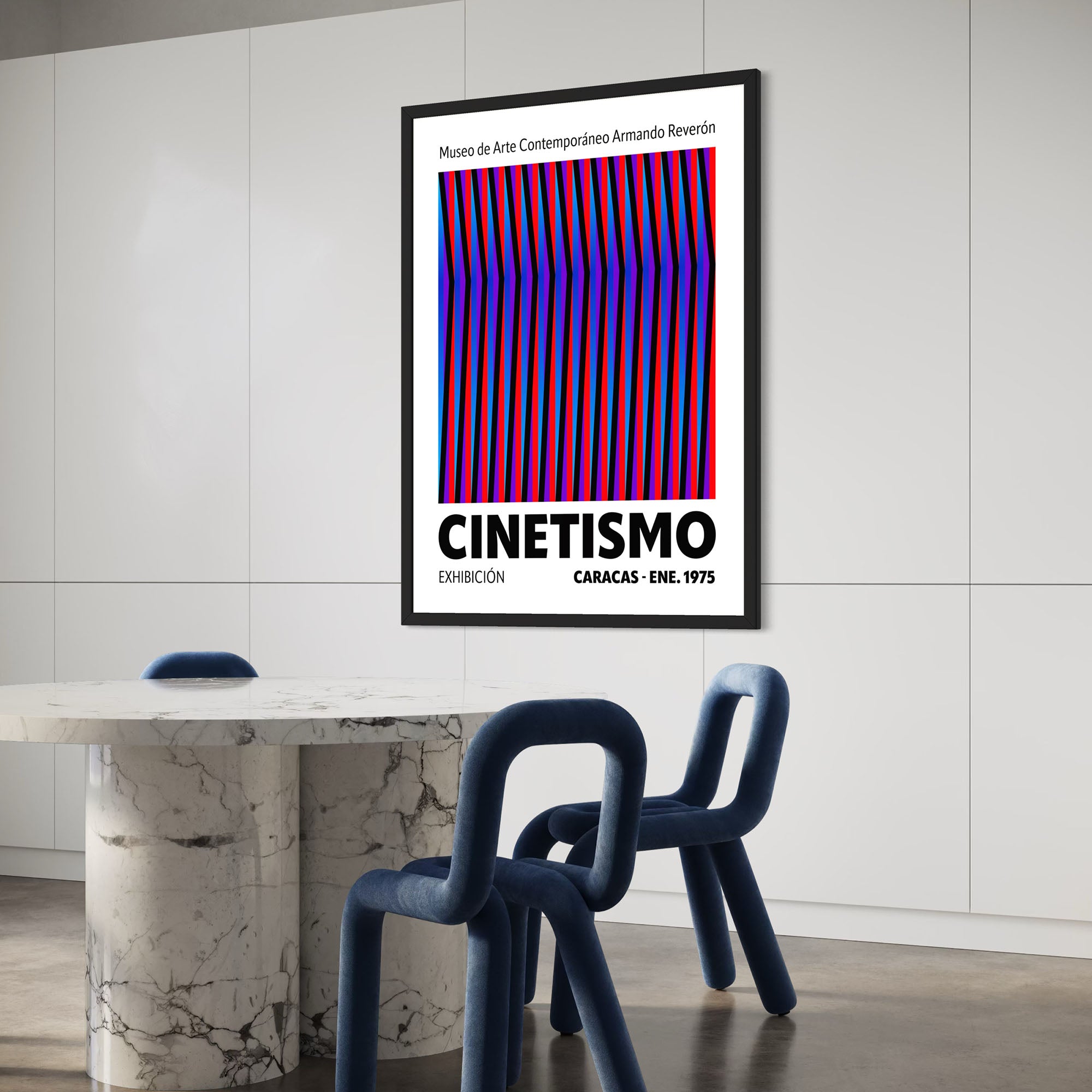 Cinetismo 01 Art Poster displayed in a modern kitchen with marble table and stylish chairs, vibrant colors and lines.
