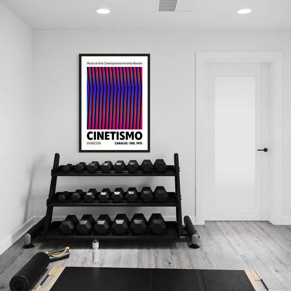 Cinetismo 01 Art Poster displayed in a modern room with a dumbbell rack, showcasing vibrant kinetic design.