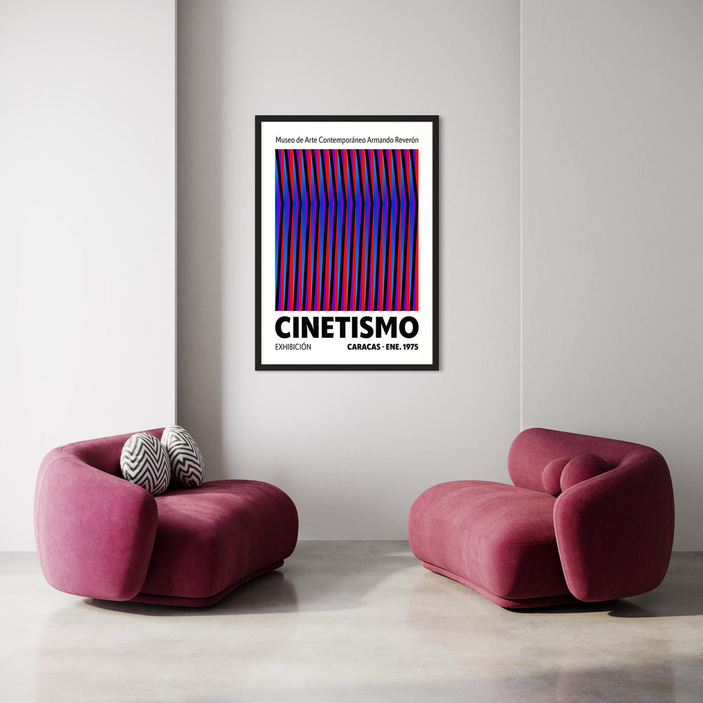Cinetismo 01 Art Poster displayed in a minimalist room with pink chairs, showcasing vibrant kinetic design.