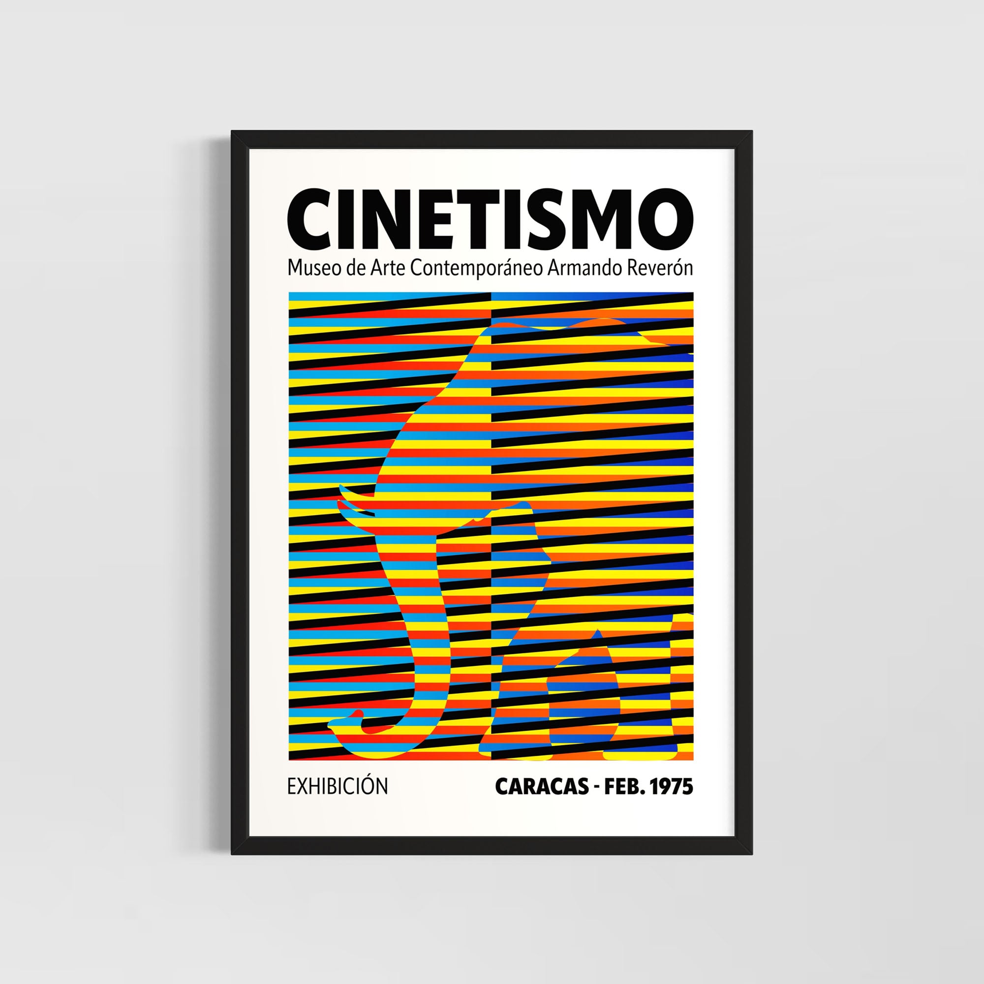 Cinetismo 02 Art Poster featuring bold stripes and an elephant design, vibrant colors, museum exhibition detail.