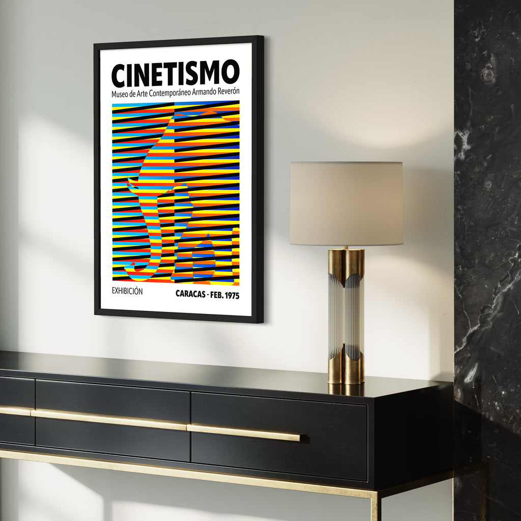 Cinetismo 02 Art Poster featuring stripes and colors in a modern interior setting with a lamp.