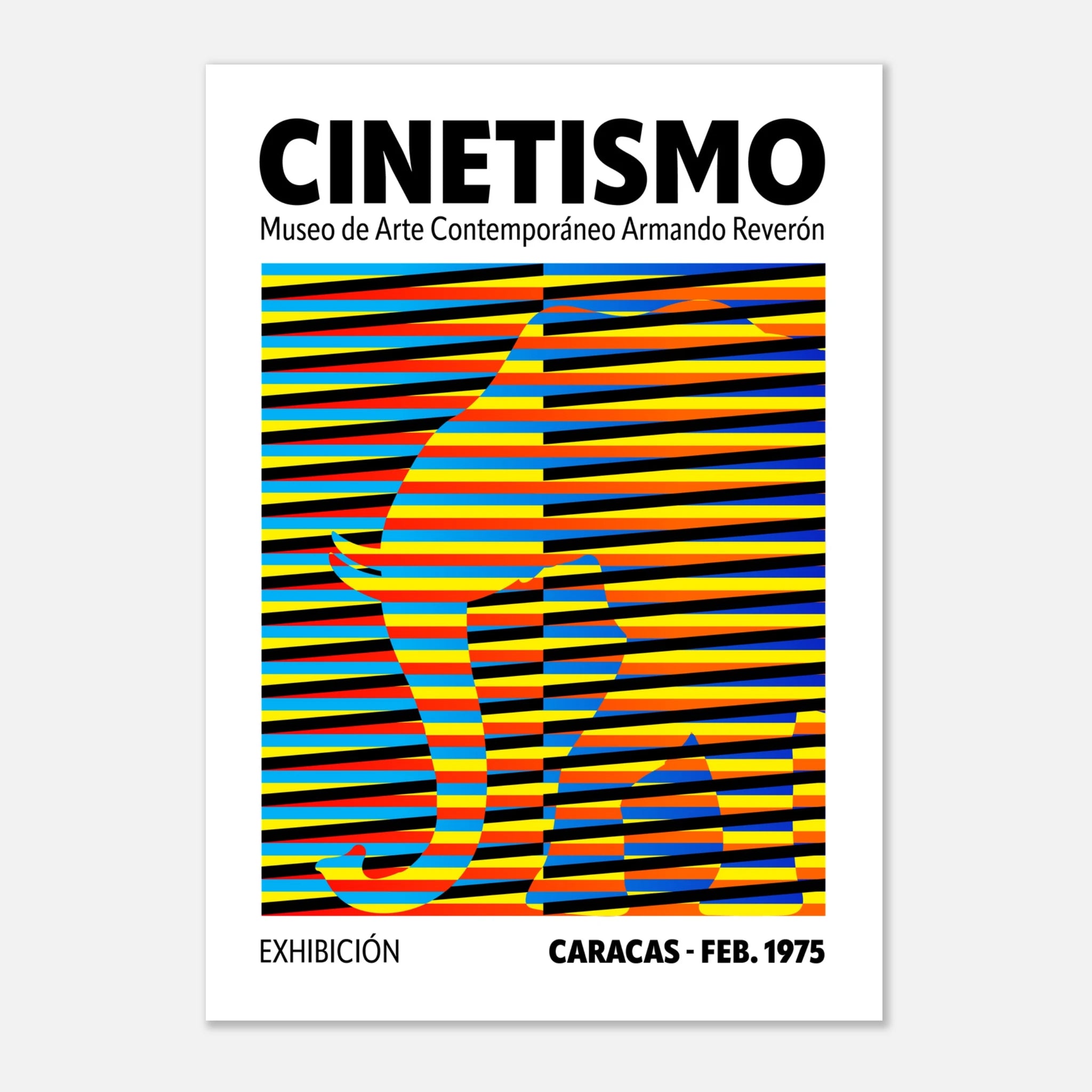 Cinetismo 02 Art Poster featuring vibrant stripes and an elephant silhouette, promoting an art exhibition in Caracas.