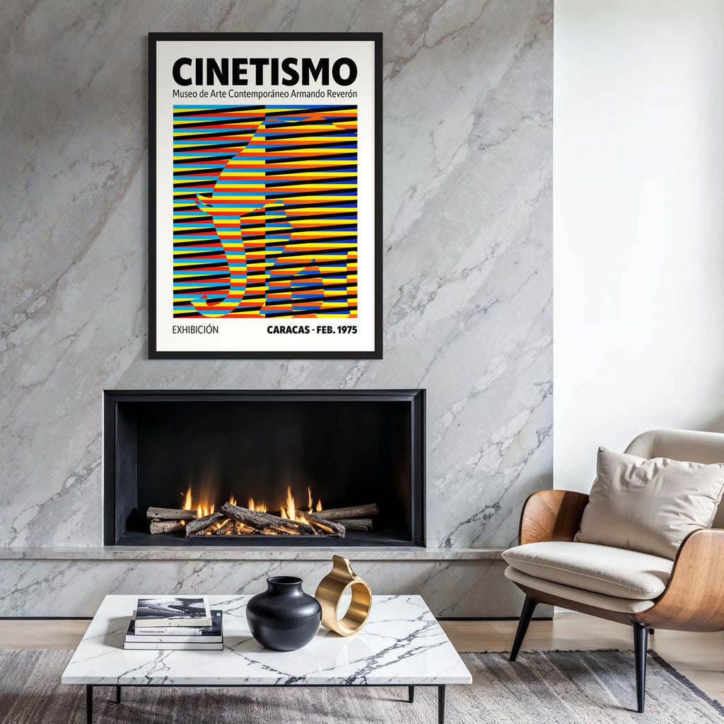 Cinetismo 02 Art Poster featuring bold stripes and vivid hues in a modern living room setting with a fireplace.