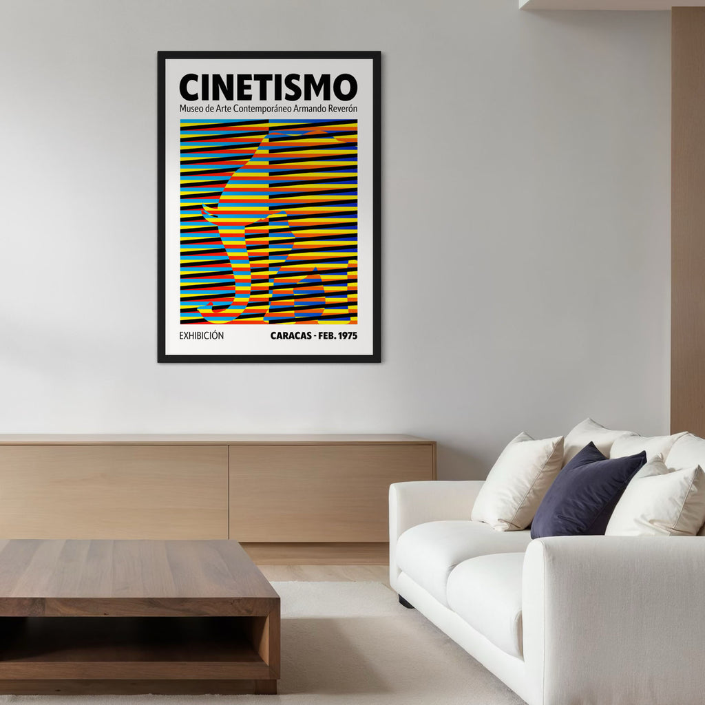 Cinetismo 02 Art Poster displayed in a modern living room, vibrant colors and bold stripes creating motion effect.
