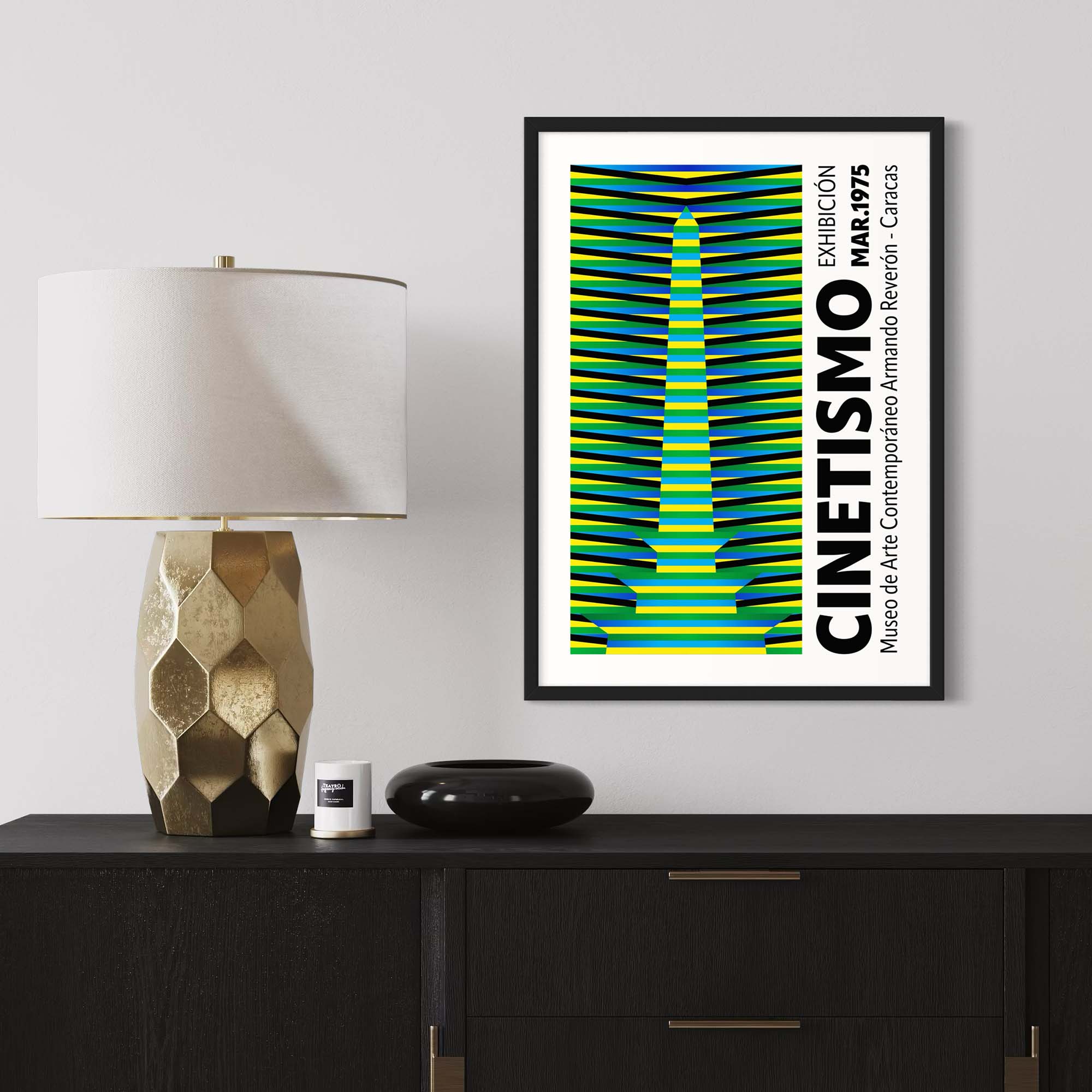 Cinetismo 03 Art Poster displayed in a modern room with a lamp and decorative items.