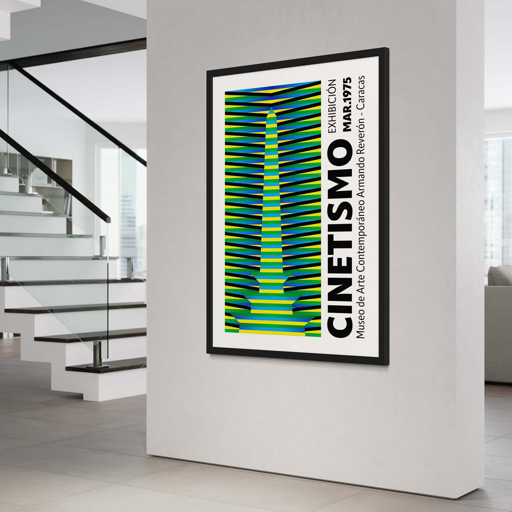 Cinetismo 03 Art Poster displayed in a modern gallery setting, showcasing vibrant colors and optical illusion design.