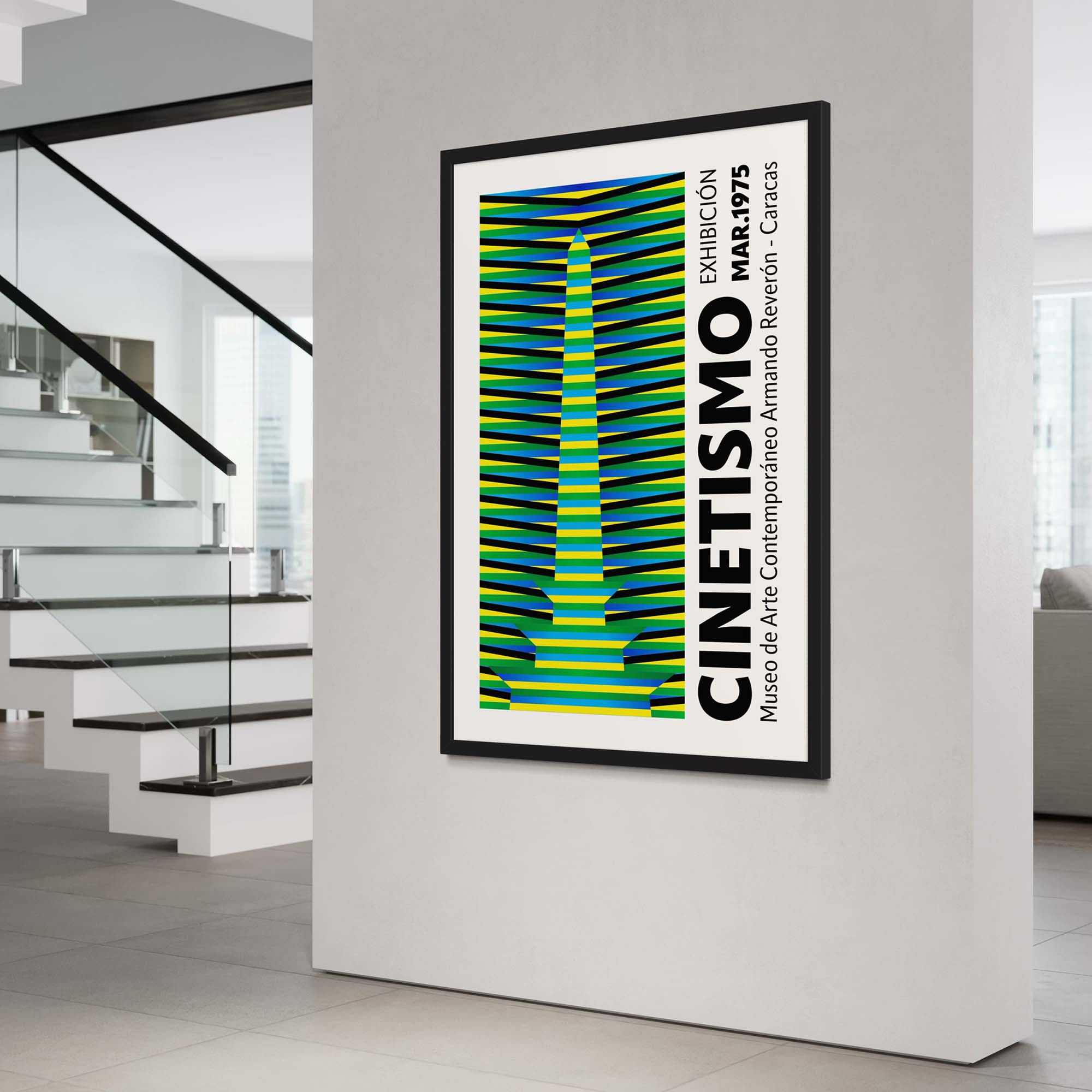 Cinetismo 03 Art Poster displayed in a modern gallery setting, showcasing vibrant colors and optical illusion design.