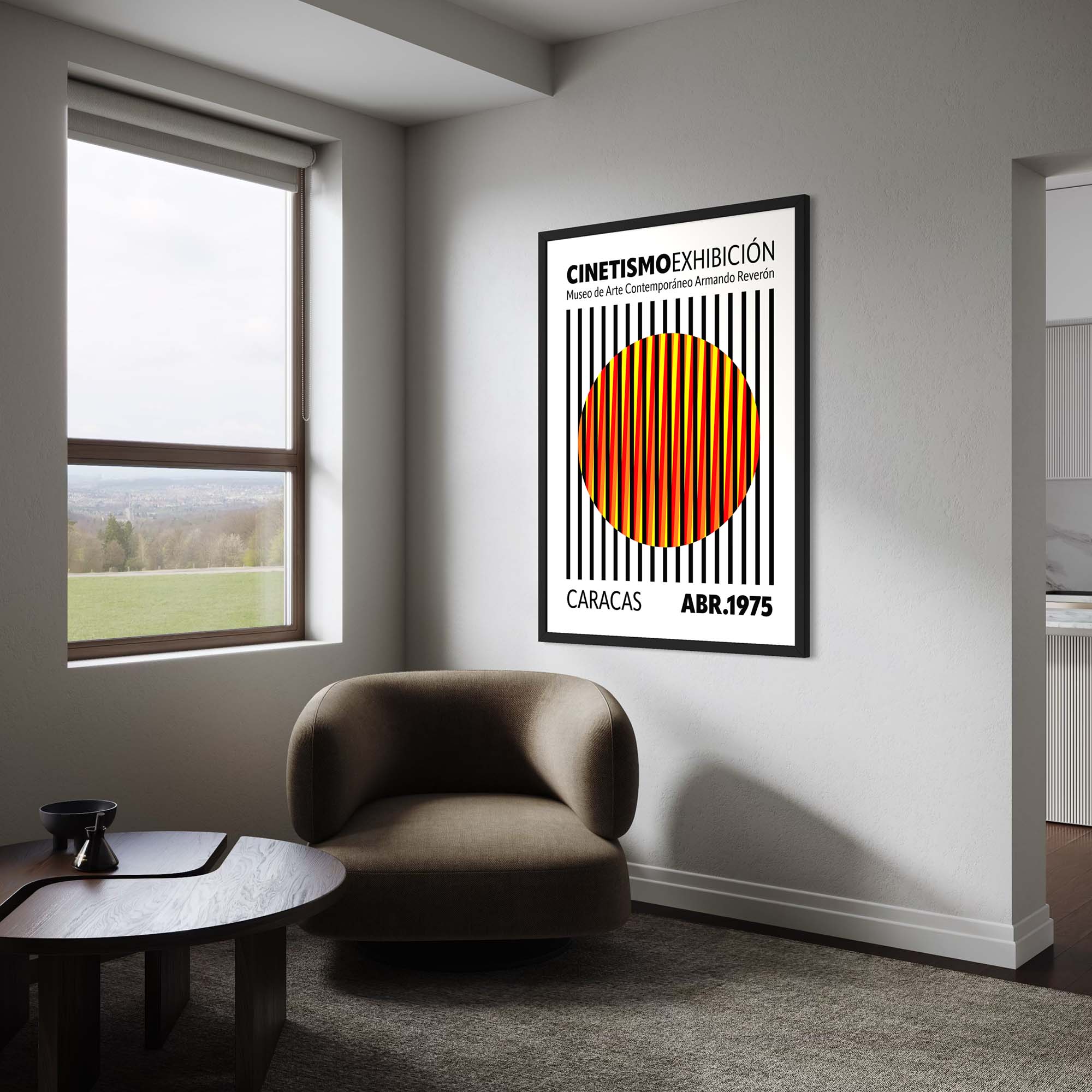 Cinetismo 04 Art Poster displayed on a wall in a modern room, showcasing color and motion design.