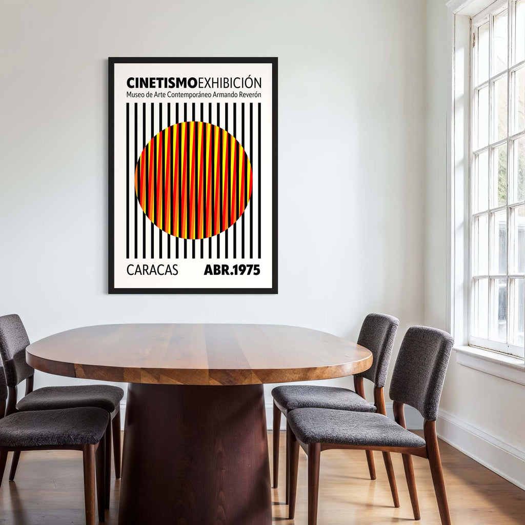 Cinetismo 04 Art Poster displayed in a modern interior with a round wooden table and stylish chairs.