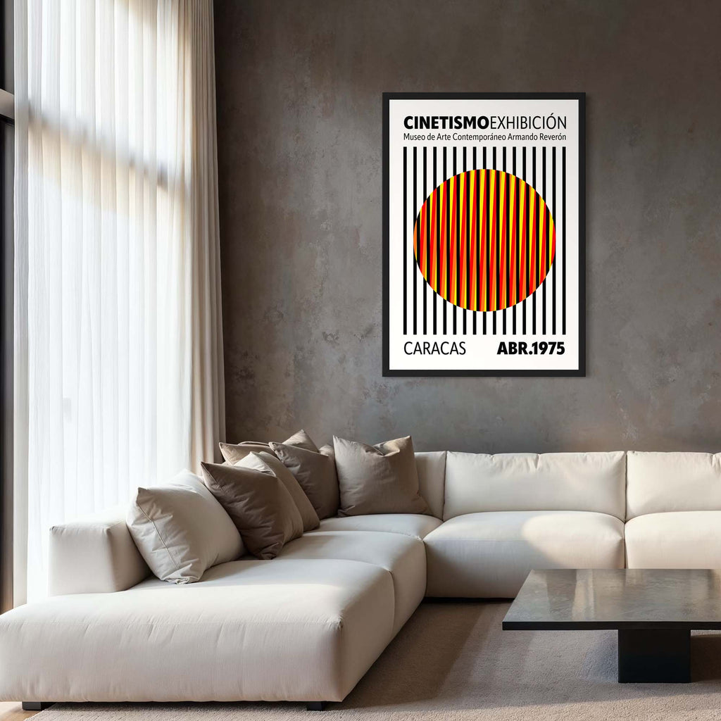 Cinetismo 04 Art Poster displayed in a modern living room, showcasing vibrant colors and dynamic design.