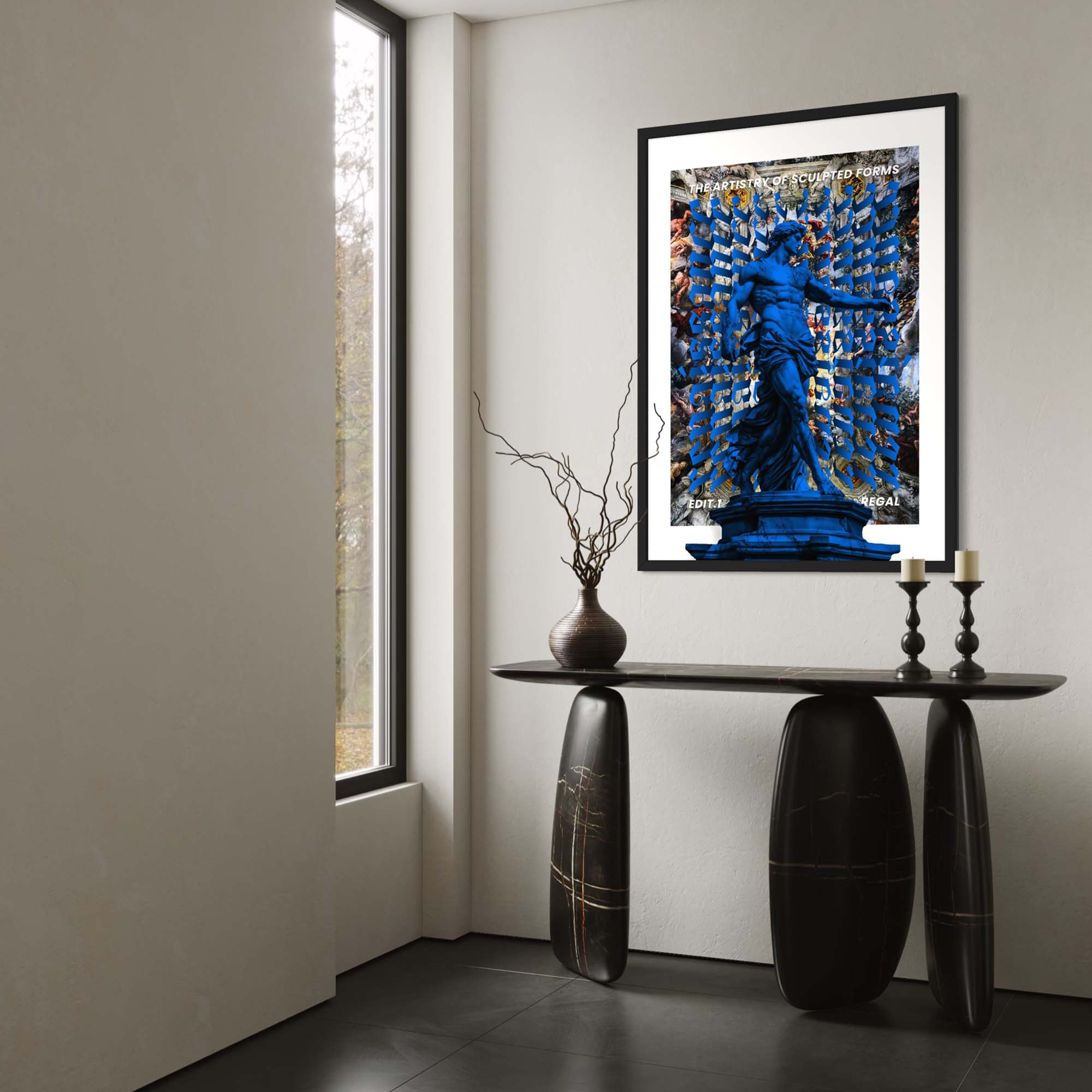 Cobalt Wall Art Print showcasing a regal sculpture against a vibrant background in a modern interior setting.