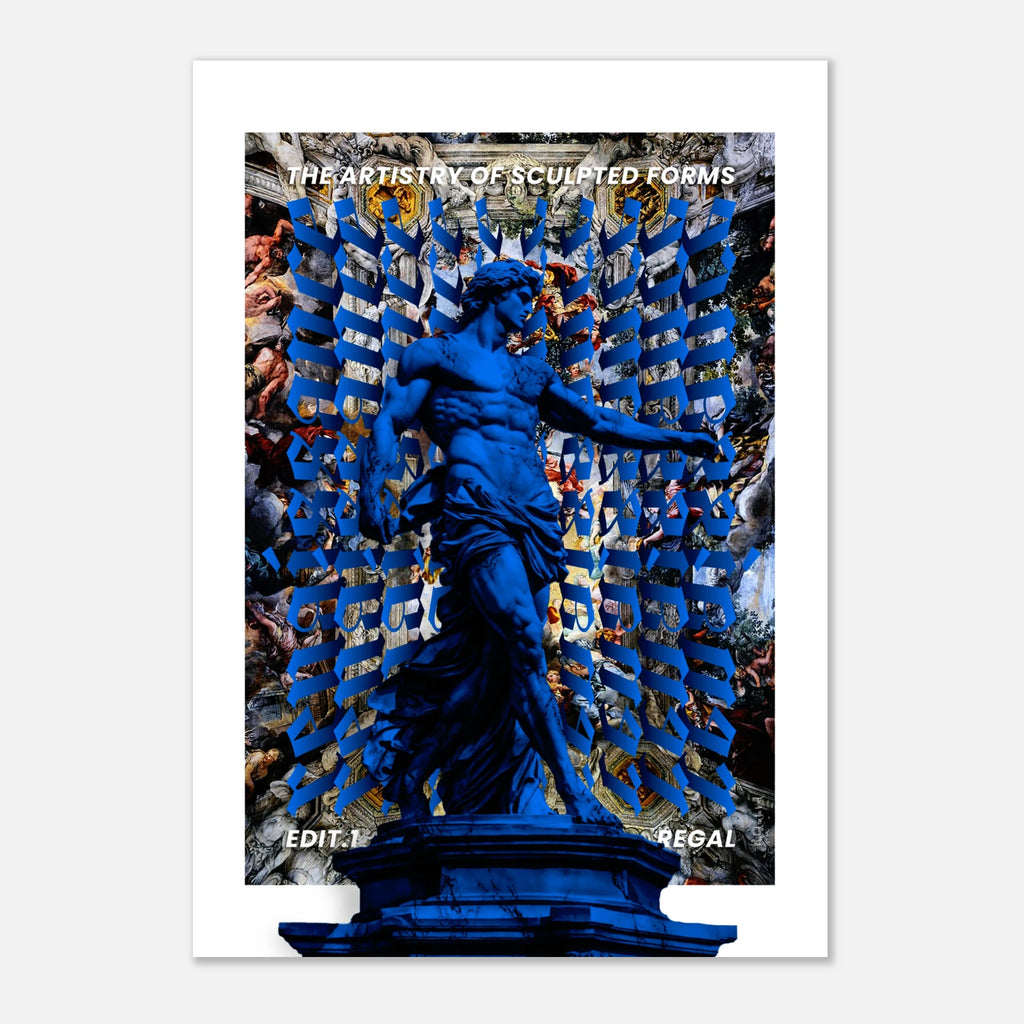 Cobalt Wall Art Print featuring a blue sculptural figure against a vibrant abstract background designed by Christopher Haus.