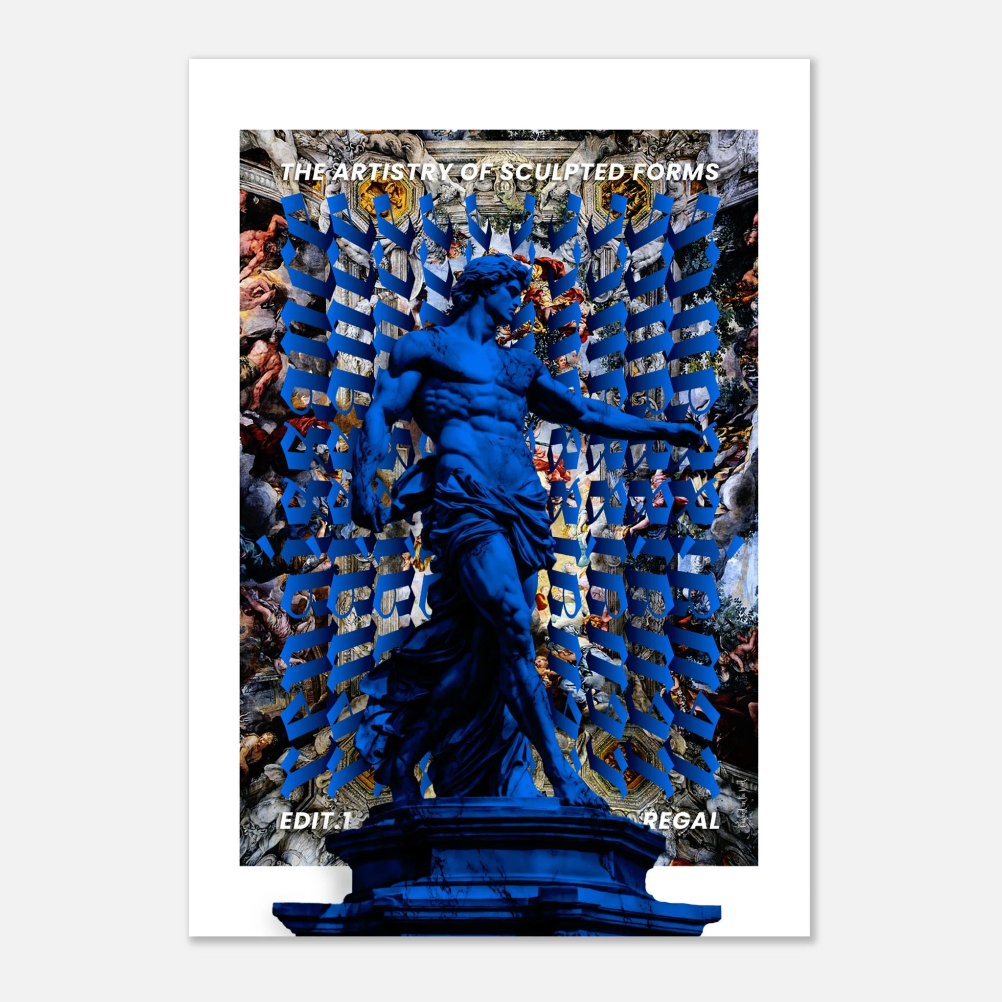 Cobalt Wall Art Print featuring a blue sculptural figure against a vibrant abstract background designed by Christopher Haus.