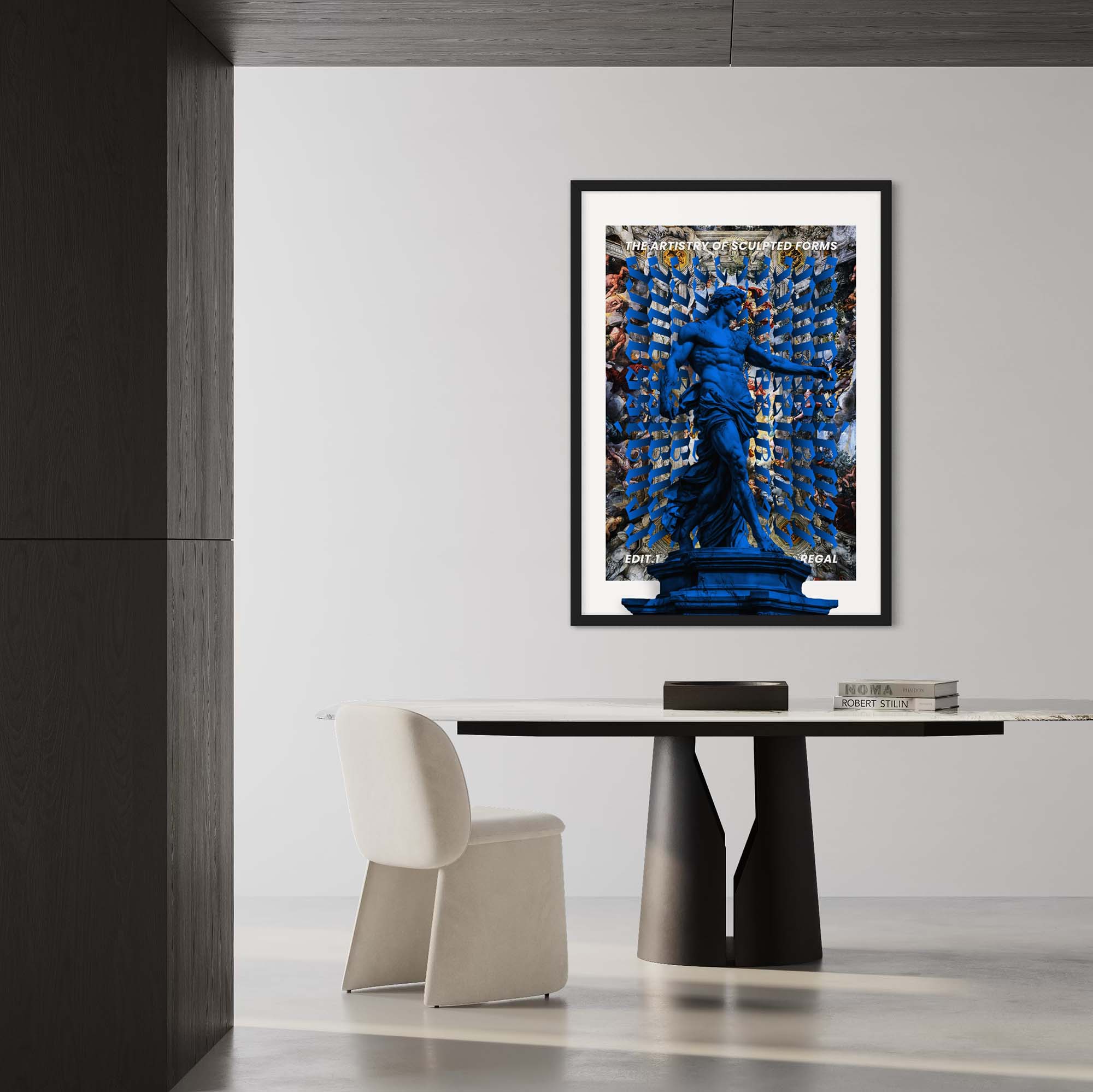 Cobalt Wall Art Print featuring a regal sculpture in a vibrant background, displayed in a modern interior.