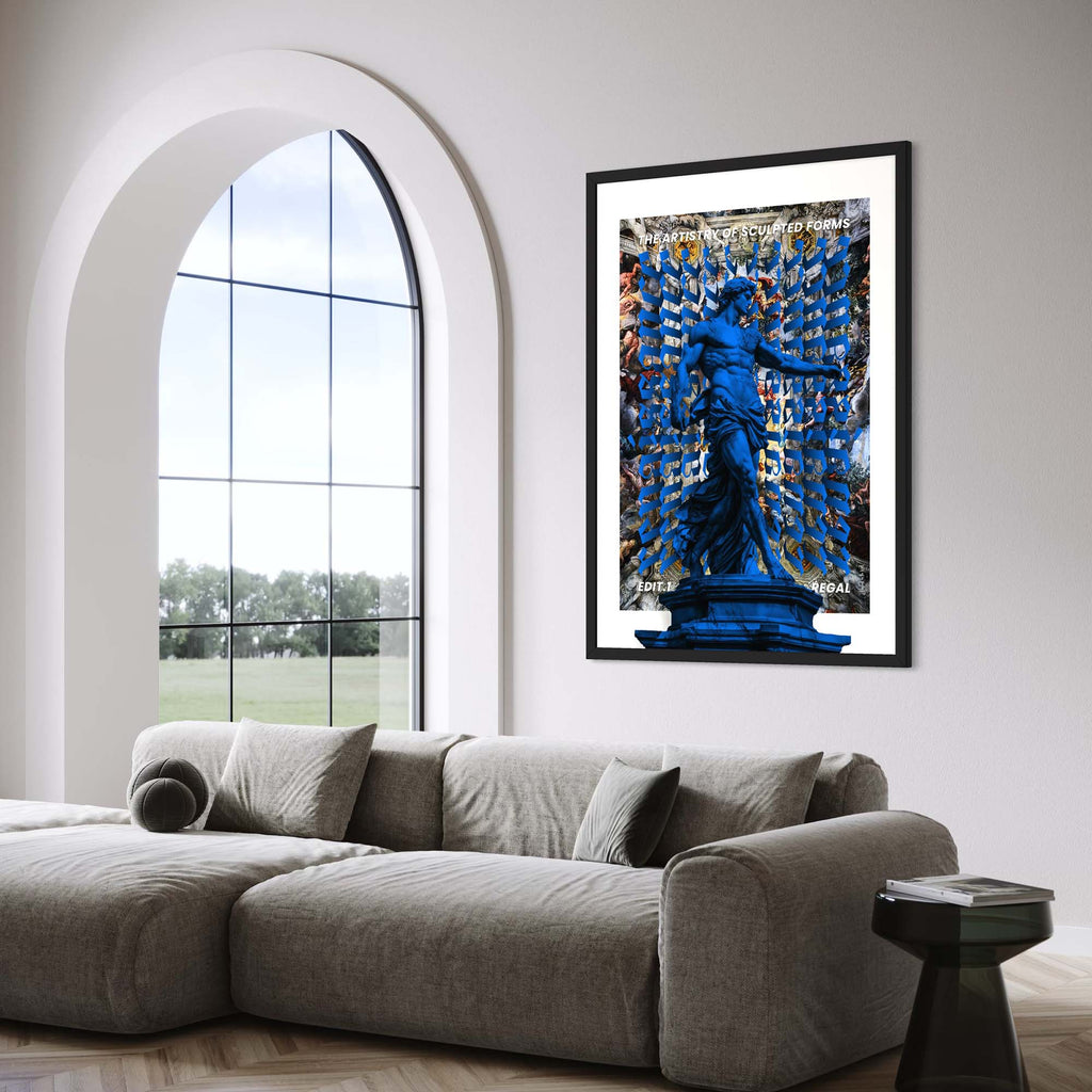 Cobalt Wall Art Print displayed in a modern living room setting, featuring a statue and vibrant colors.