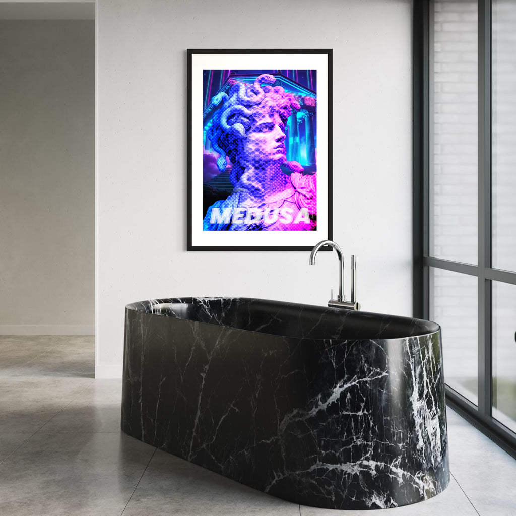 Serpent Gaze Wall Art Print featuring a neon depiction of Medusa in a modern bathroom setting.