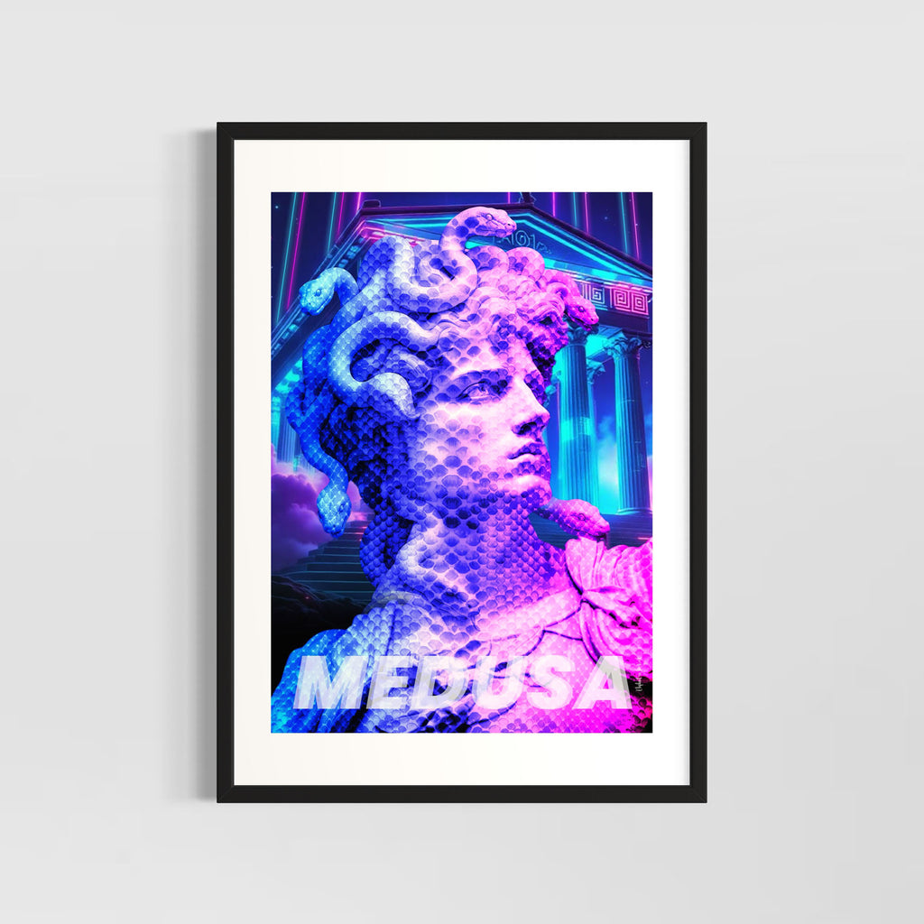 Serpent Gaze Wall Art Print featuring a neon Medusa design with classic and modern elements.