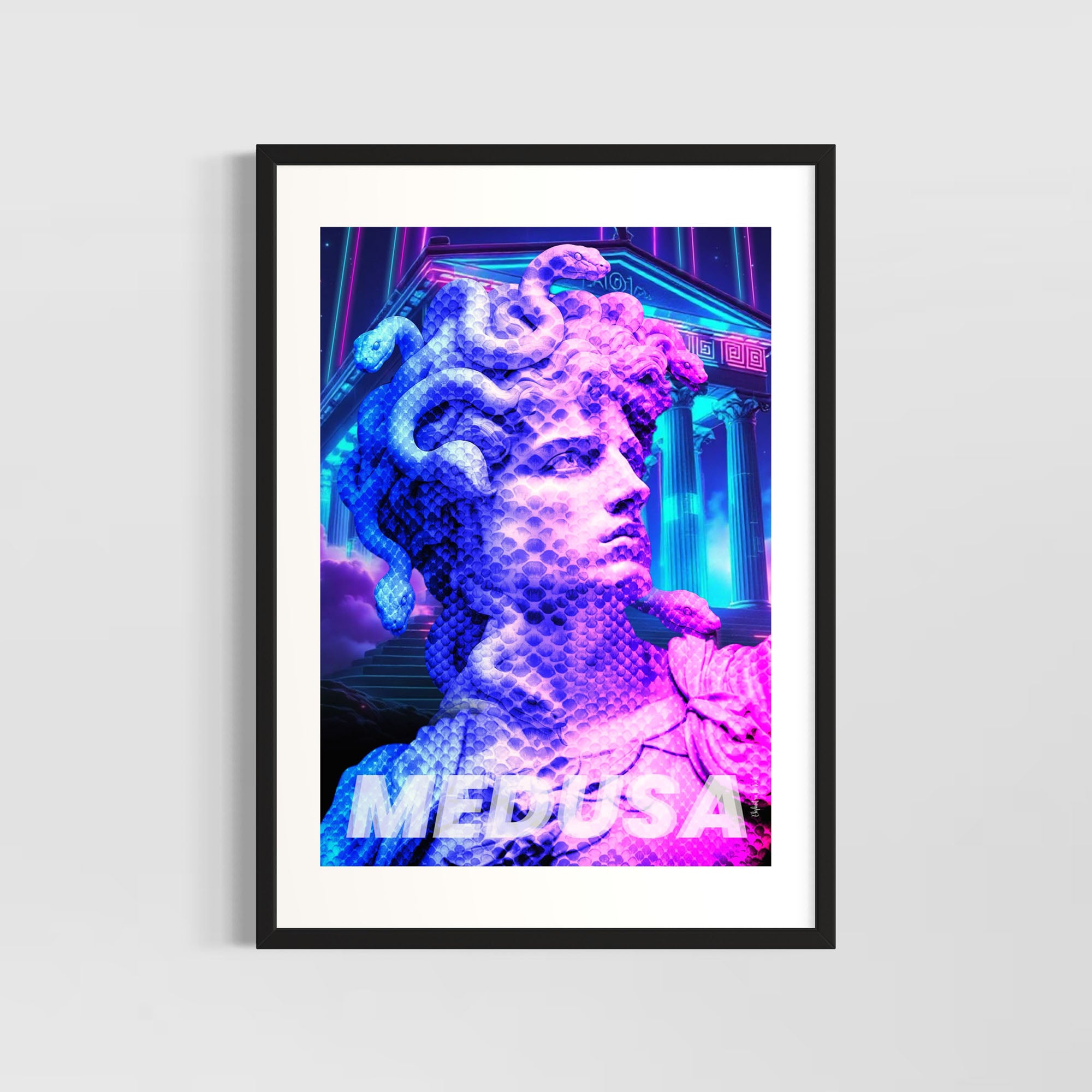 Serpent Gaze Wall Art Print featuring a neon Medusa design with classic and modern elements.