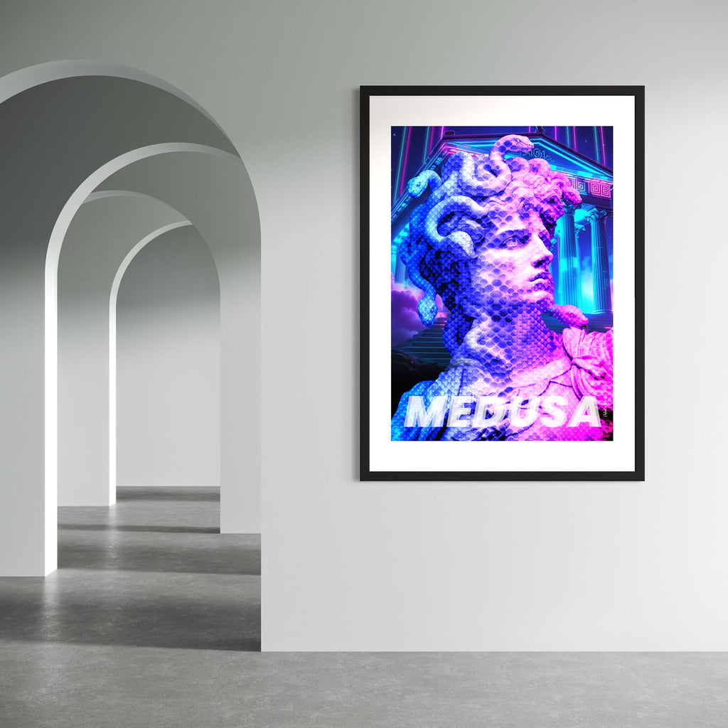 Serpent Gaze Wall Art Print featuring a neon reinterpretation of Medusa in a modern setting.
