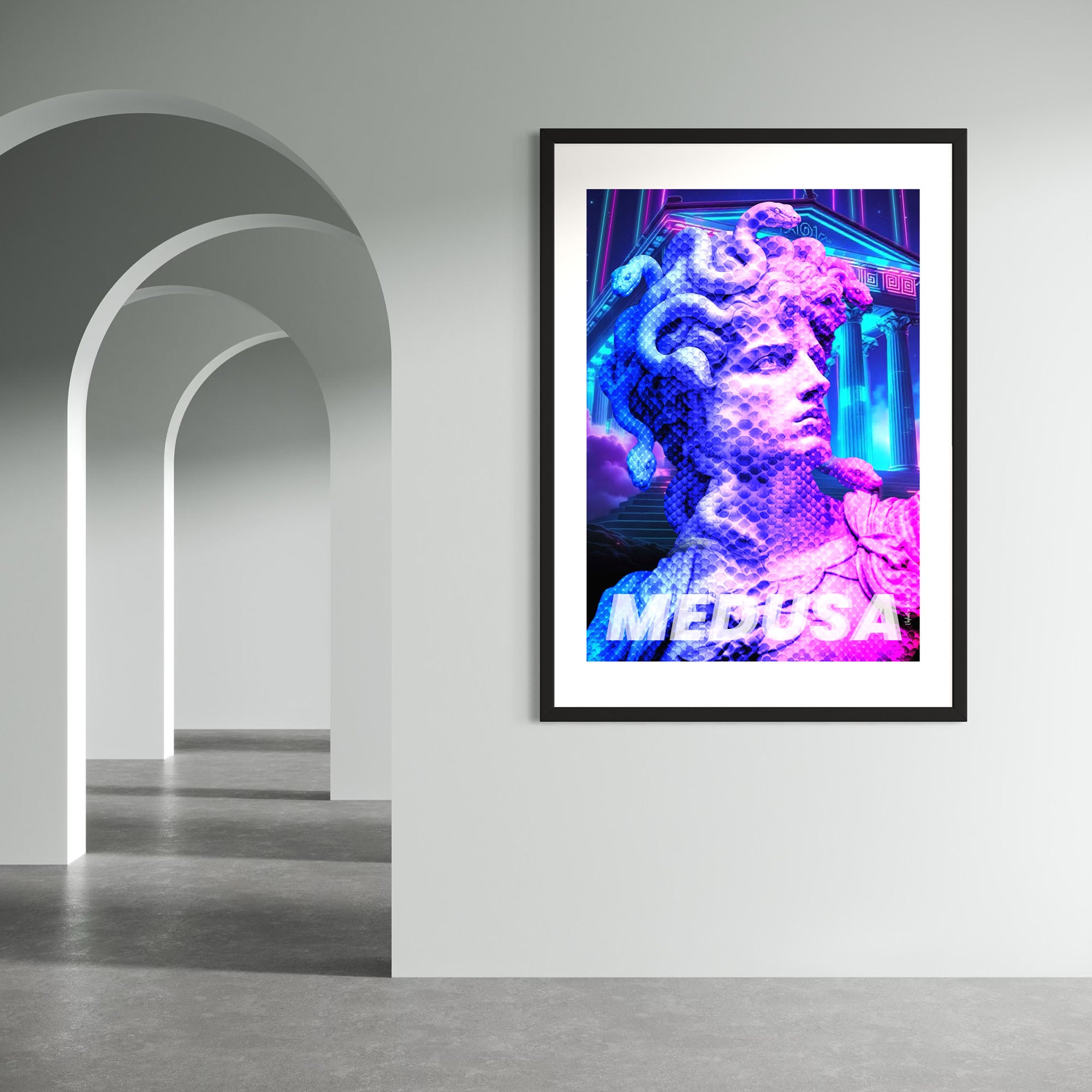 Serpent Gaze Wall Art Print featuring a neon reinterpretation of Medusa in a modern setting.