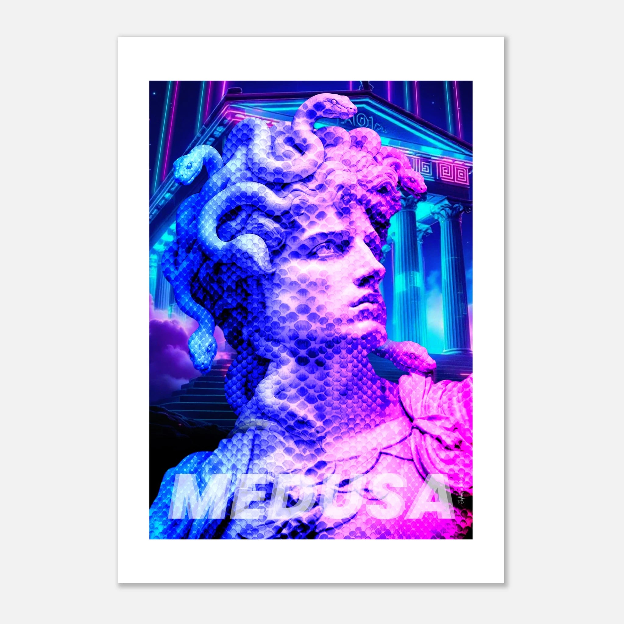 Serpent Gaze Wall Art Print featuring neon reinterpretation of Medusa with modern digital aesthetics.