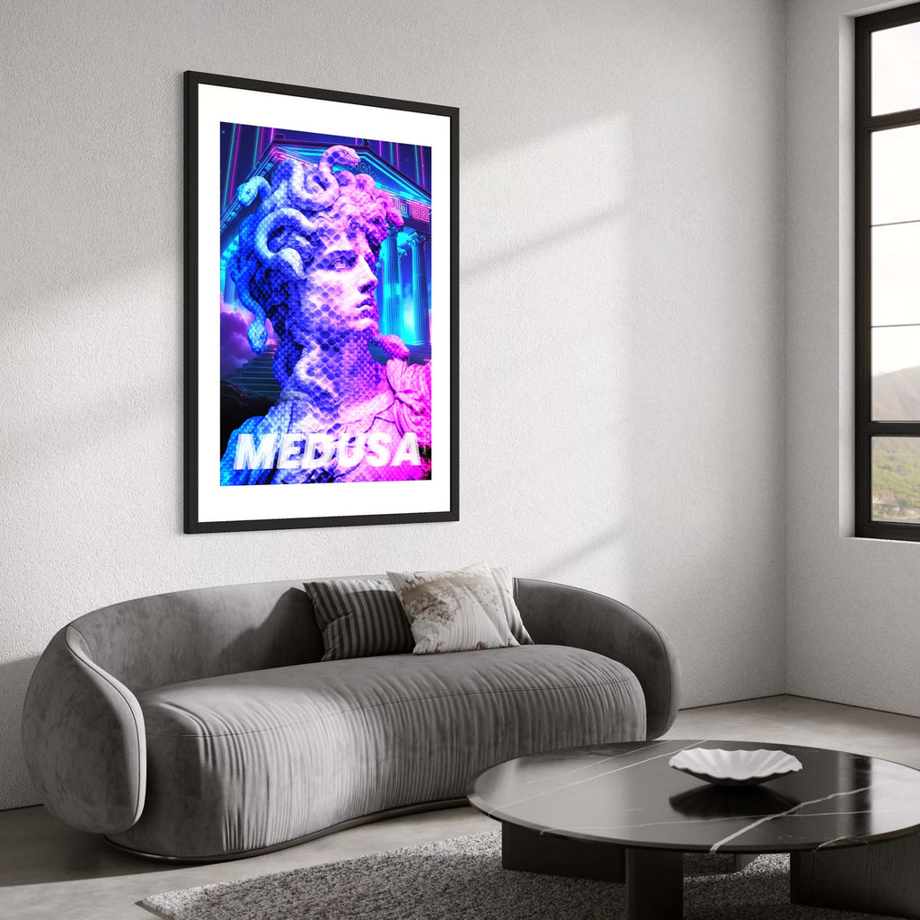 Serpent Gaze Wall Art Print featuring a digital interpretation of Medusa in a modern living room setting.