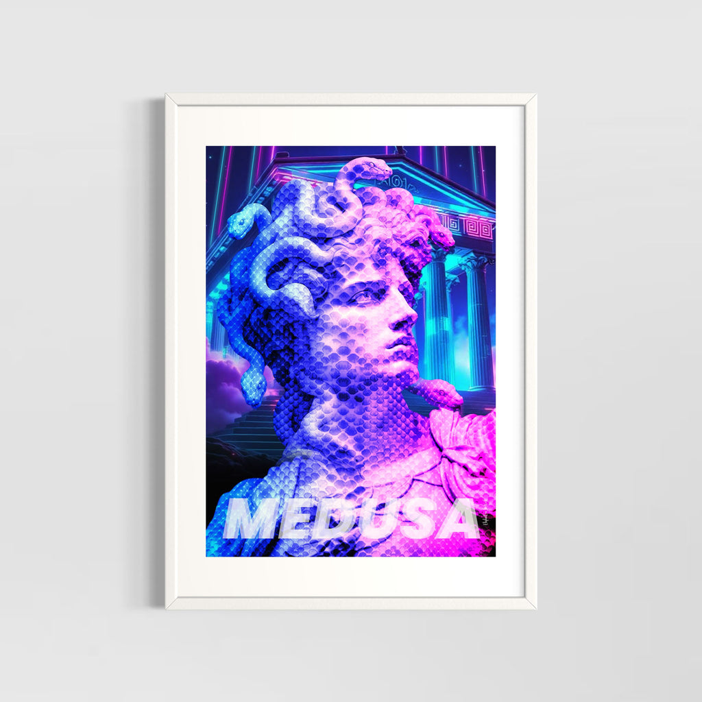 Serpent Gaze Wall Art Print featuring a vivid neon reinterpretation of Medusa in modern digital aesthetics.