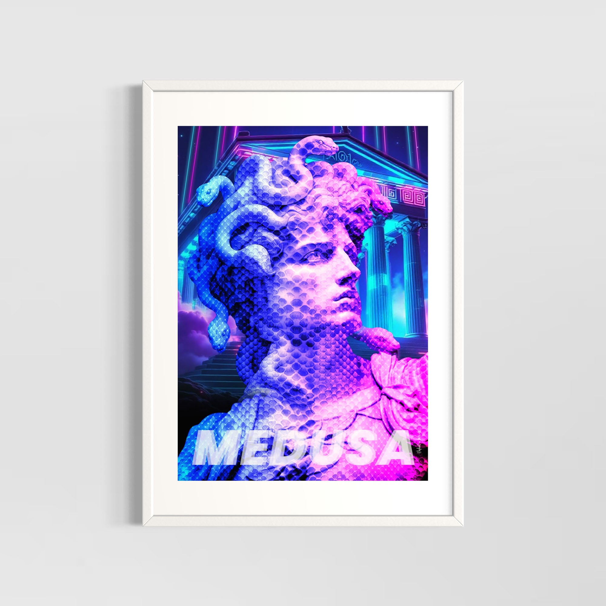 Serpent Gaze Wall Art Print featuring a vivid neon reinterpretation of Medusa in modern digital aesthetics.