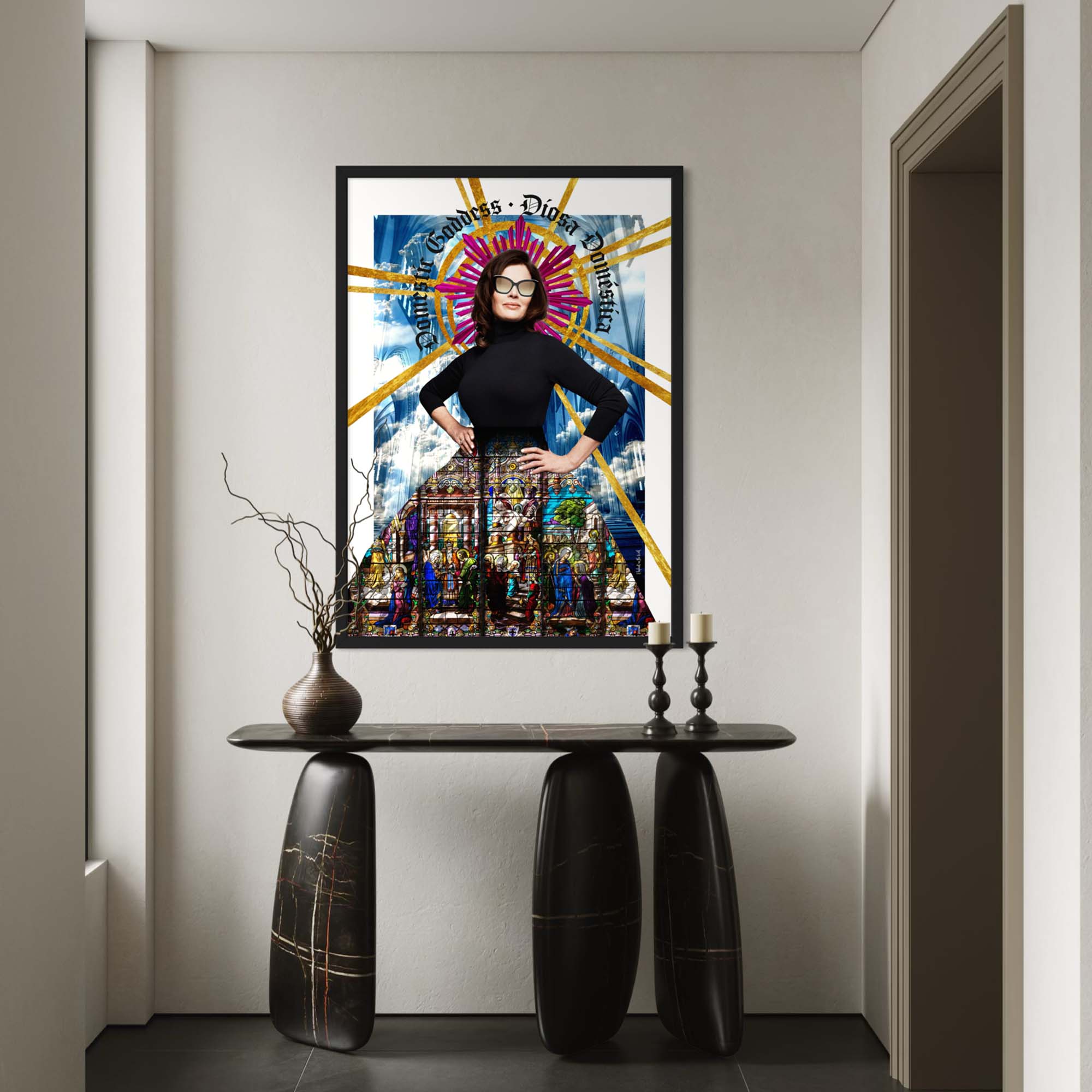 She of Light Wall Art Print featuring a modern goddess design in a contemporary interior setting.