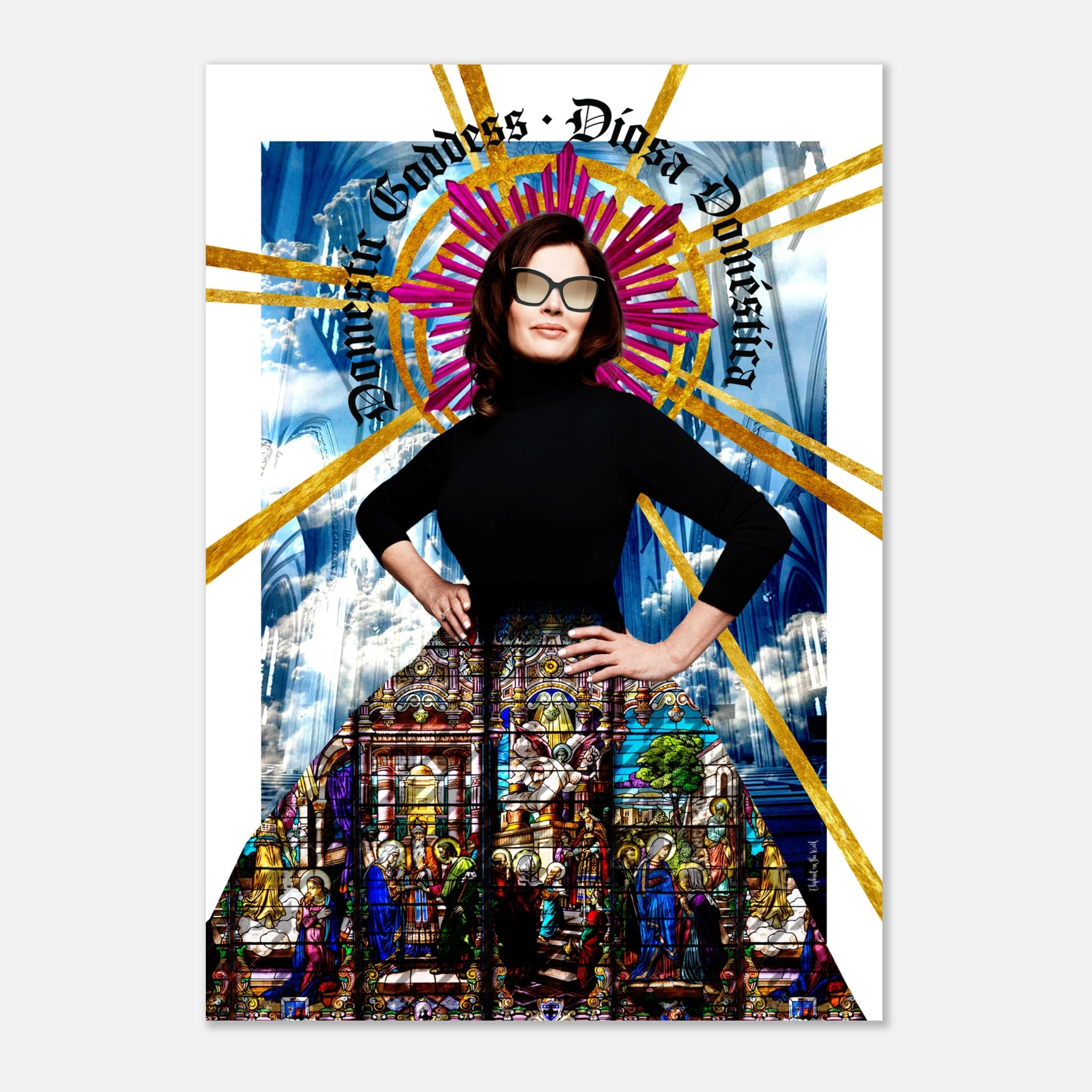 She of Light Wall Art Print featuring a contemporary goddess with stained glass background and golden rays.