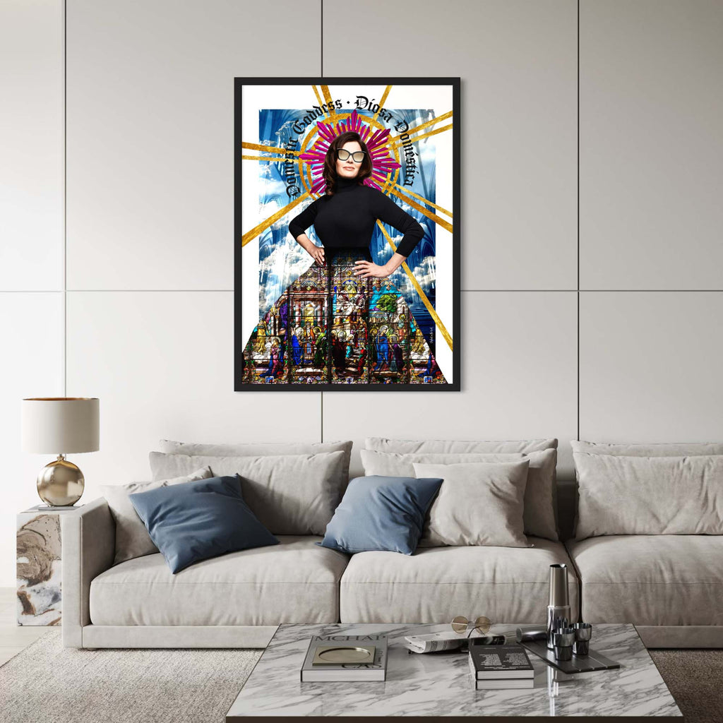 She of Light Wall Art Print displayed in a modern living room, showcasing contemporary goddess artwork by Christopher Haus.