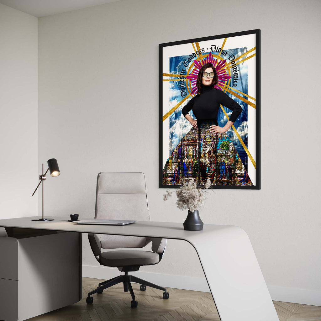 She of Light Wall Art Print displayed in a modern office setting with stylish furniture and soft lighting.