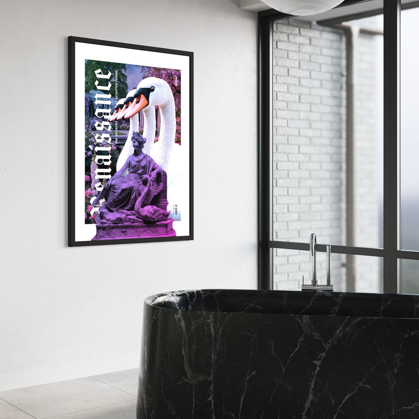Swans Wall Art Print featuring a graceful swan and renaissance sculpture in a modern bathroom setting.