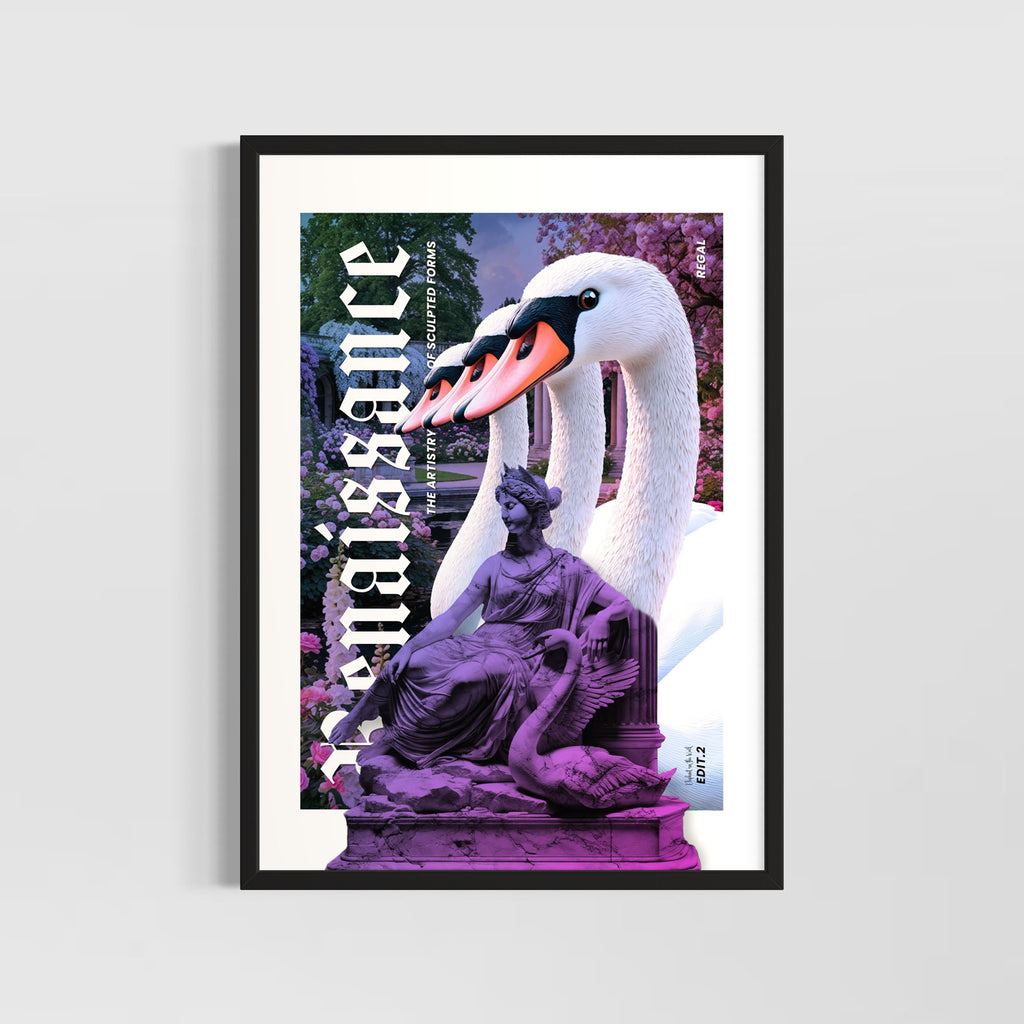 Swans Wall Art Print featuring swans and a classical sculpture in a vibrant display, designed by Christopher Haus.