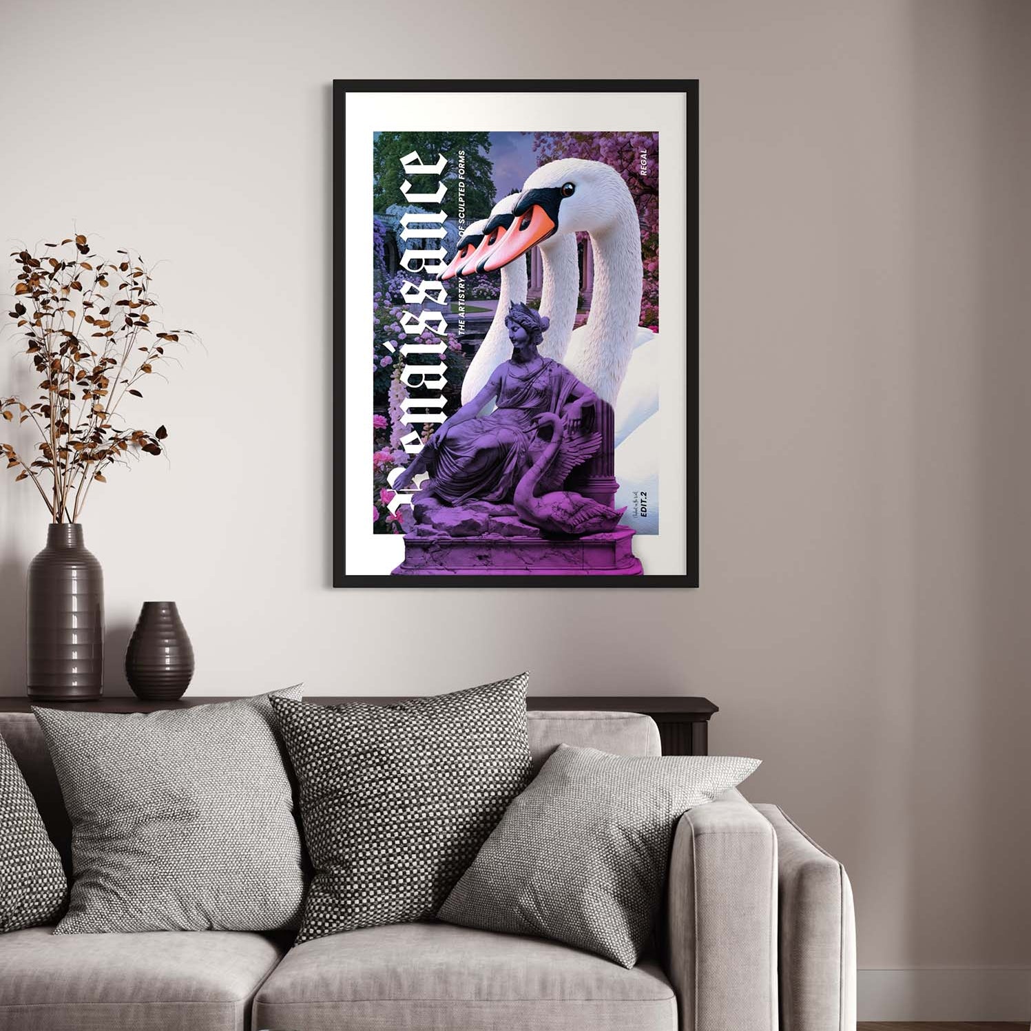 Swans Wall Art Print featuring a sculpture and swans, celebrating renaissance art in a stylish living room setting.
