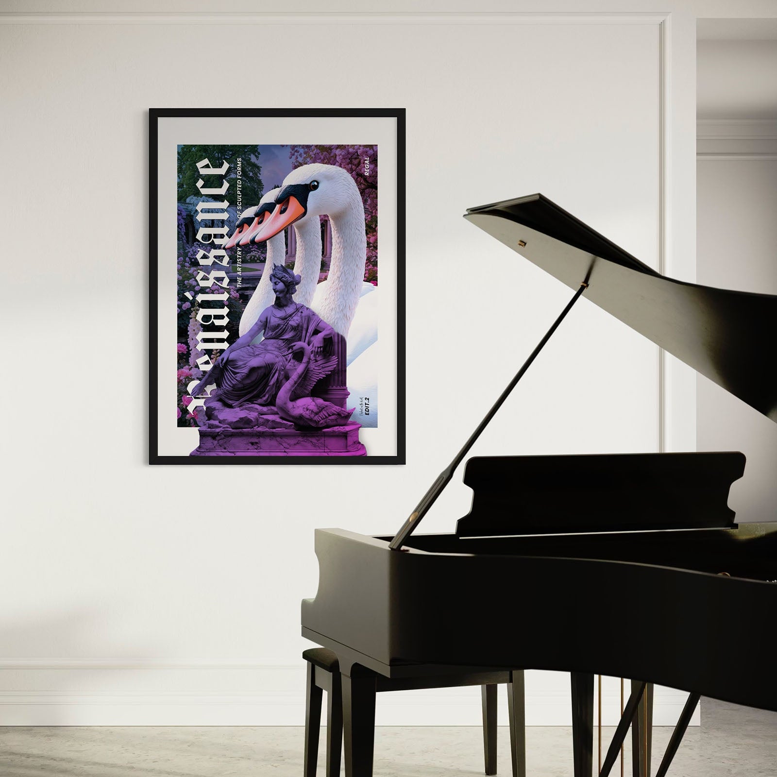 Swans Wall Art Print features a swan sculpture in a modern setting with piano, celebrating nature and renaissance art.