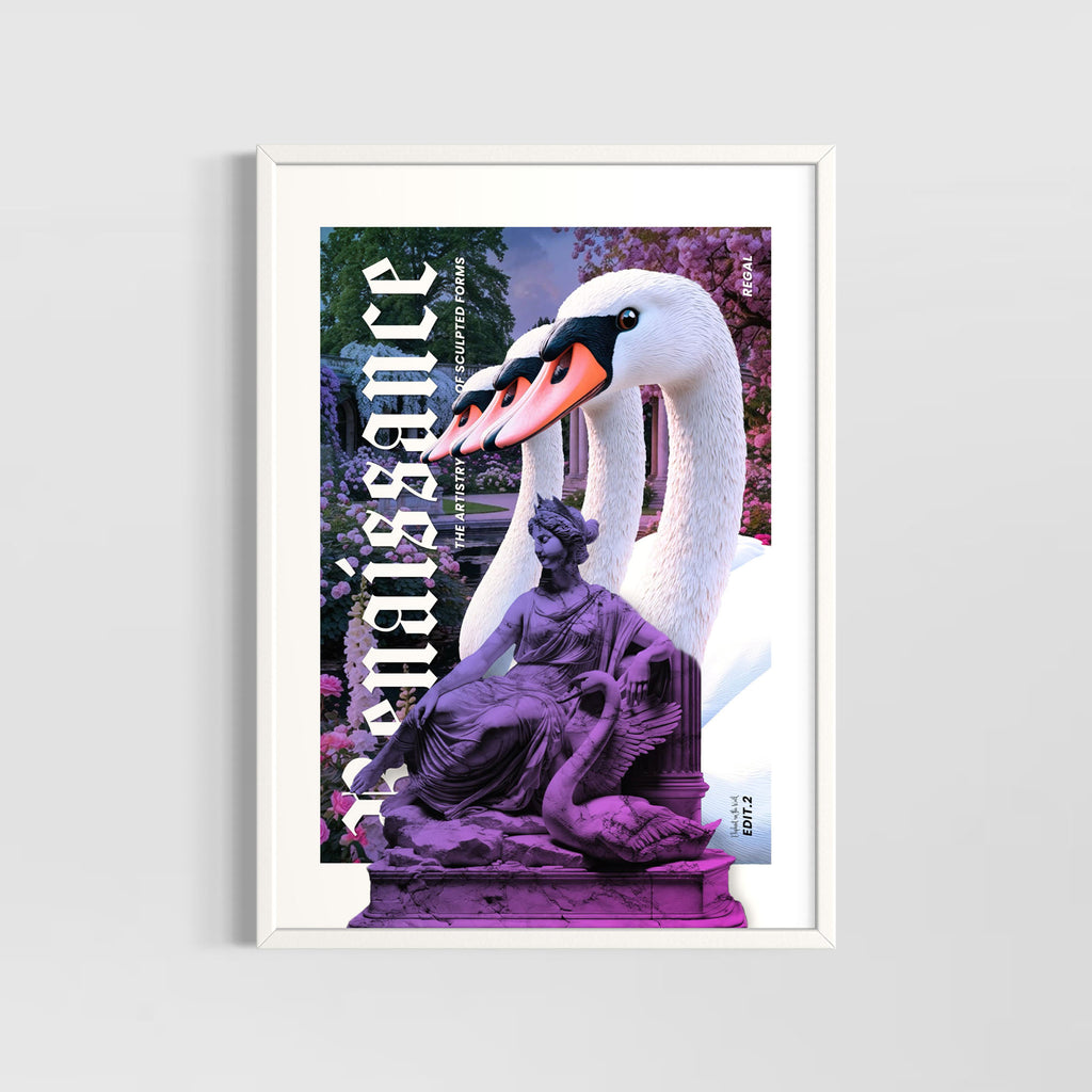 Swans Wall Art Print featuring swans and a sculpture in a renaissance style, beautifully framed for home decor.
