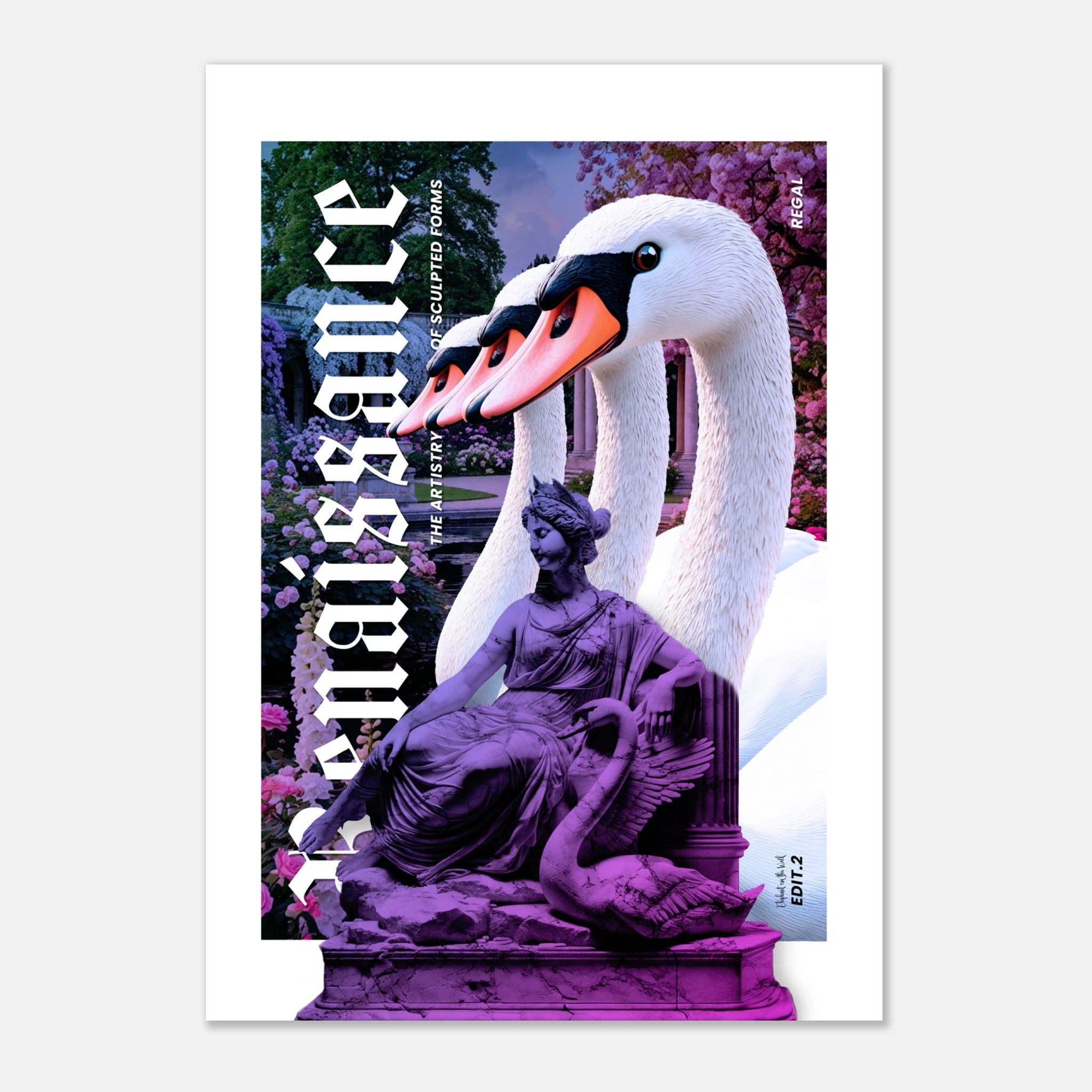 Swans Wall Art Print featuring beautiful swans and a classical sculpture in a vibrant renaissance style.